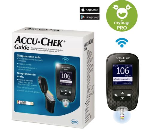 Glucómetro Accu-Check Guide resultado en 4 segundos, Transferencia de resultados al celular vía APP mySugr. Innovación pensada en los detalles.