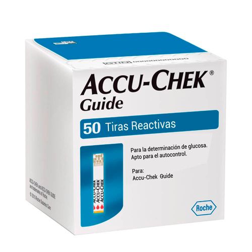 Tiras reactivas para glucosa Accu-Chek Guide x50 unidades, compatibles con glucómetros Accu-Check Guide.