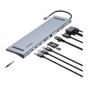 Hub Baseus Dockins Station 10 en 1, conector USB tipo C con puertos USB 3.0 x3/4K/HDMI/VGA/RJ45/SD/microSD/puerto de carga PD/3.5mm