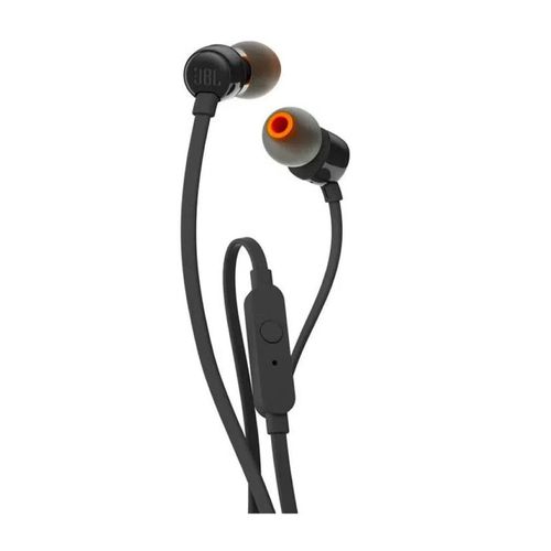 Audífonos in ear con micrófono JBL T110 cable plano, conector 3.5 mm, control de música y llamadas, negro