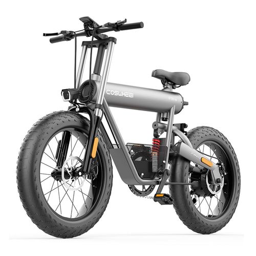Bicicleta eléctrica Coswheel FTN T20 gris, autonomía 45-55km, vel máx 30 km/h, llantas 20"x4", luz y suspensión delantera y posterior, pantalla LCD