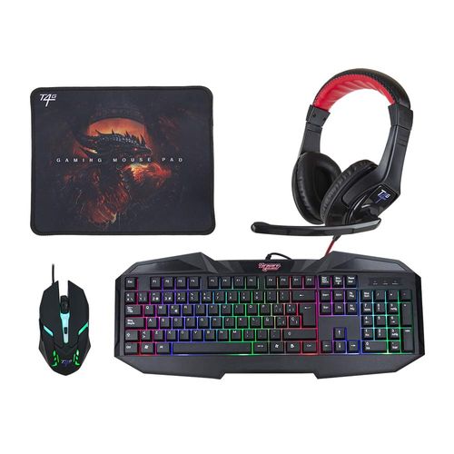 Kit gamer 4 en 1 Teraware, teclado membrana + mouse + headset + mouse pad, RGB