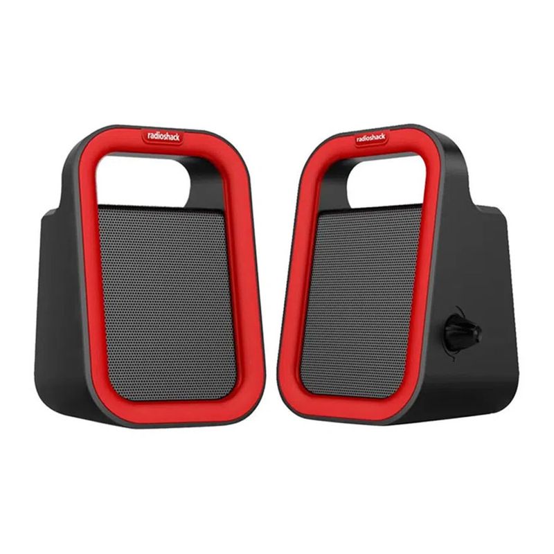 Parlantes para PC Radioshack USB 2.0 y 3.5 mm 3W x2 negro con rojo Frontal-y-dorsal