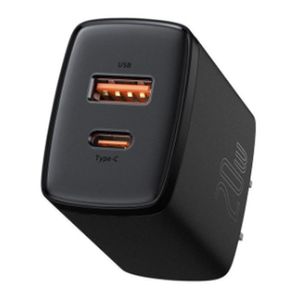 Cargador de pared Baseus dual, 1 puerto usb, 1 puerto tipo C, 20W, para iOS y android, negro
