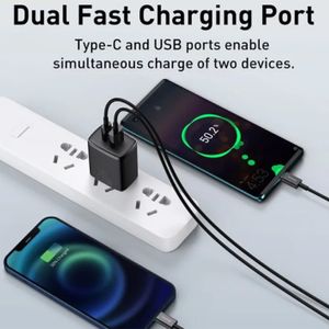 Cargador de pared Baseus dual, 1 puerto usb, 1 puerto tipo C, 20W, para iOS y android, negro