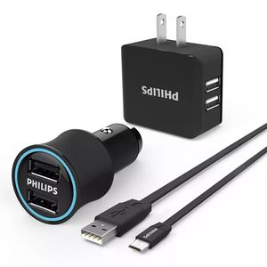 Pack Philips: Cargador de auto + cargador de pared + cable micro usb, negro