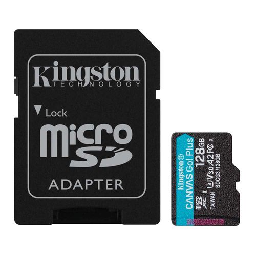 Tarjeta MicroSDXC Kingston Canvas Go Plus 128GB, A2, U3, V30, 170 MB/s, incluye adaptador