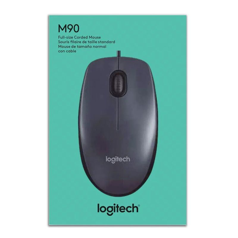 Mouse alámbrico Logitech M90, diseño clásico con 3 botones y sensor óptico de 1000 dpi, color negro, vista frontal, en empaque sobre fondo verde