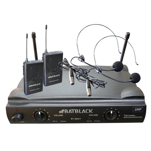 Micrófonos de vincha inalámbricos profesionales x 2 Batblack BT-58KIT UHF, cobertura 60m, negro