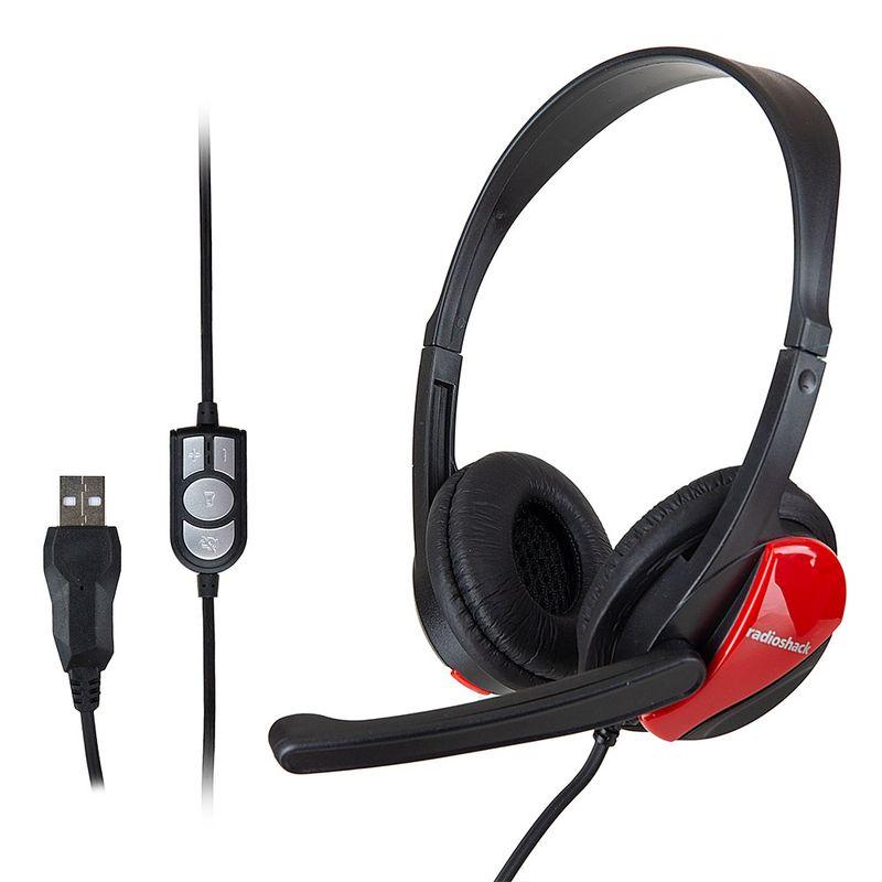 Audífonos Radioshack con micrófono USB sonido estéreo control de volumen negro Frontal-y-dorsal