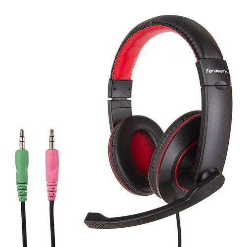 Audífonos Teraware con micrófono, conexión 3.5 mm, control de volumen, cable 2 metros, rojo y negro