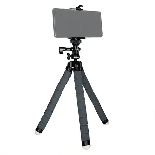 Trípode flexible para celulares y cámaras fotográficas, altura máx 25 cm, compatible con Nikon y Canon, cabezal giratorio 360°, gris