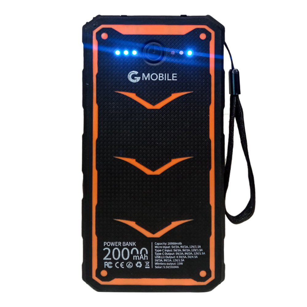 Batería externa Solar G Mobile 20000 mAh, carga rápida 22.5W + carga  inalámbrica 10W, 2 puertos usb, 1 micro USB, 1 tipo-C, negro