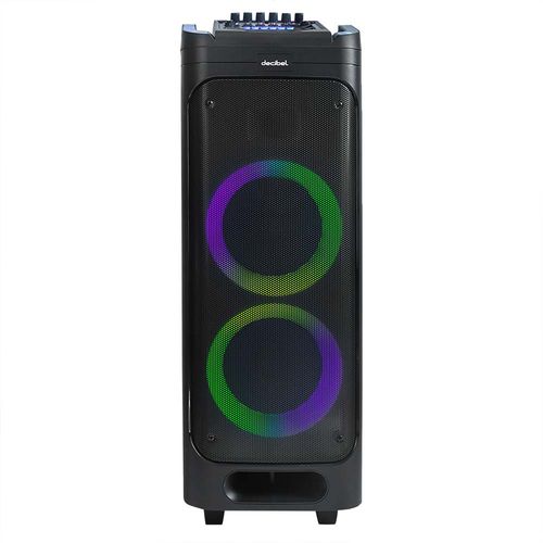 Parlante torre bluetooth Decibel Full Party, altavoces de 8" x 2 + 1.5'', 100W, luces LED flama 7 modos, FM, control remoto