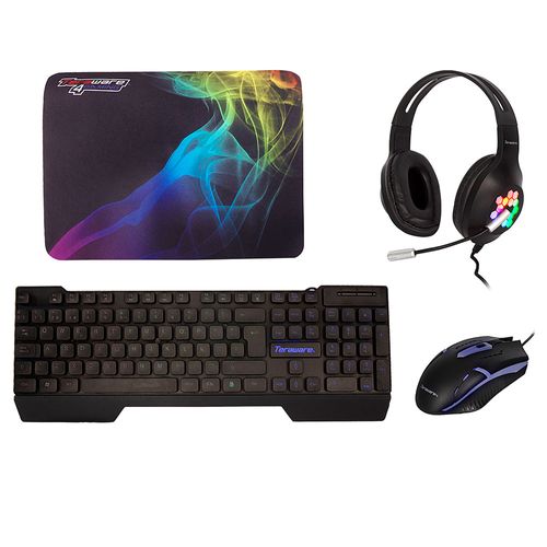 Kit gaming 4 en 1 Teraware mouse + teclado + mouse pad + headset, iluminación RGB