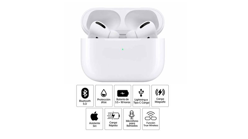 Proxnxx - AudÃ­fonos bluetooth True Wireless Apple Airpods Pro resistente al agua  IPX4, duraciÃ³n mÃ¡x. 3.5 horas, estuche de carga Magsafe, blanco - Coolbox