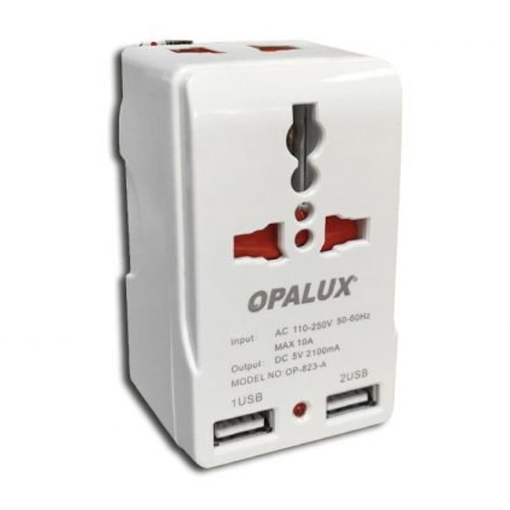 Adaptador de corriente Opalux toma múltiple, 2 usb, enchufe plano 10A, 250V  AC, blanco - Coolbox