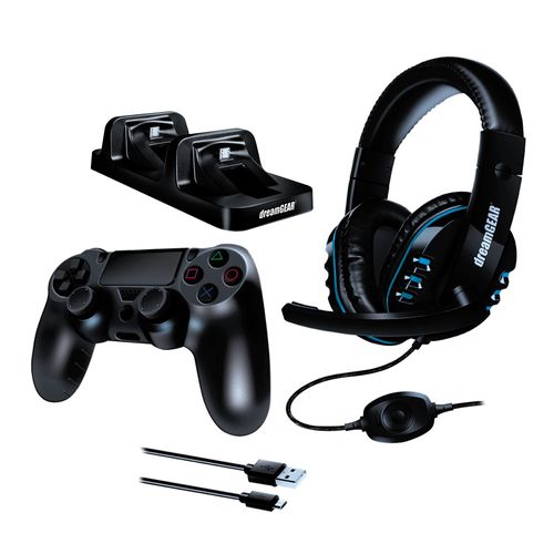 Kit de accesorios de  Dreamgear para Playstation 4, Audífono Gamer, cargador de mando, cable USB y funda de mando