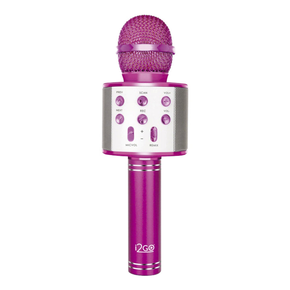 Micrófono inalámbrico i2GO bluetooth con parlante, soport memo, usb/aux/card TF/Radio FM, rosado