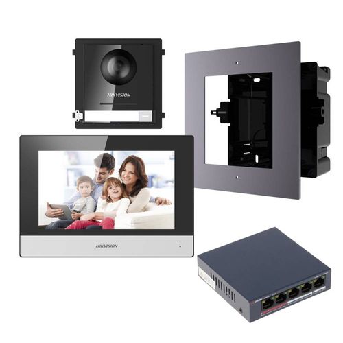 Kit de seguridad Hikvision: Portero + Monitor manos libres + Tarjeta sd 16GB + Switch poe