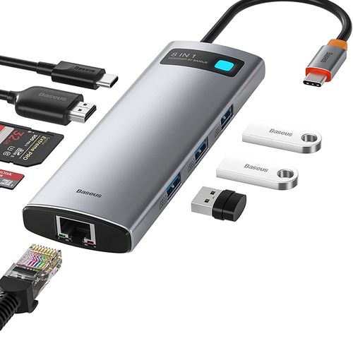 Hub Baseus USB Tipo-C 8 puertos, 3 x USB 3.0, HDMI, Tipo-C, PD, RJ45, microSD, SD