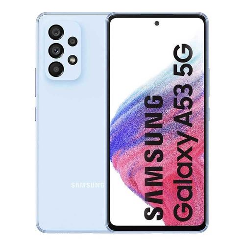 Celular Samsung A53 128GB, 6GB ram, cámara principal 64 + 12 + 5 + 5 MP, cámara frontal 32MP, 6.5", color celeste