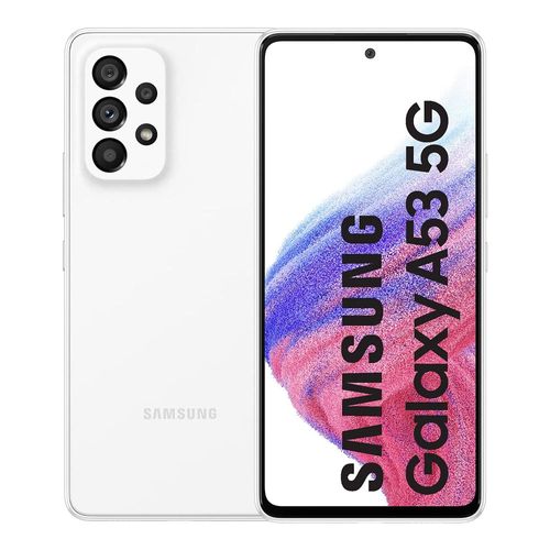 Celular Samsung A53 128GB, 6GB ram, cámara principal 64 + 12 + 5 + 5 MP, cámara frontal 32MP, 6.5", color blanco