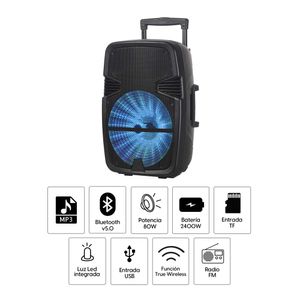 Parlante torre bluetooth Decibel, altavoces de 15", 80W, USB, TWS, BT, FM, TF, control remoto, micrófono y trípode