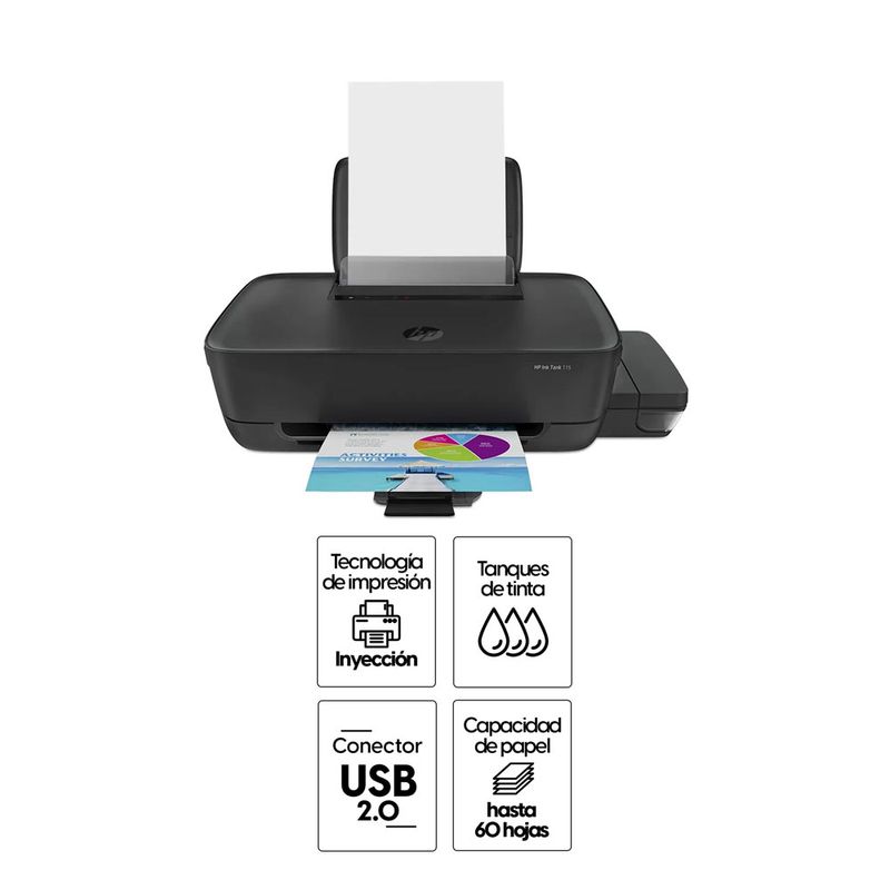 Impresora HP Ink Tank 115 USB tanques de tinta frontal especificaciones