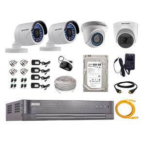 Kit de seguridad Hikvision 1 cámara Domo (micrófono incorporado) 1080P + 1 cámara Domo Turbo 720P + 2 cámaras Tubo Turbo 720P + dvr + disco 500GB