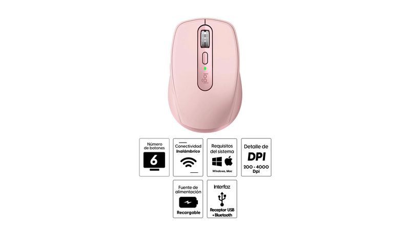 Ratón inalámbrico Logitech MX Anywhere 3 - Rosado - Bluetooth