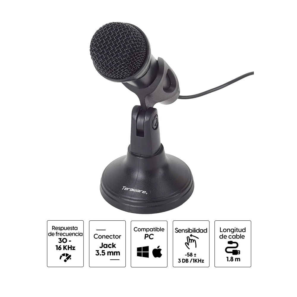 Micrófono para pc Teraware JT-AM-306, conexión jack 3.5 mm, 30 - 16kHz,  cable 1.8 metros, negro - Los mejores descuentos y ofertas en