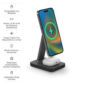 Soporte de carga inalámbrica y base mophie snap+ compatible con MagSafe, 15W, negro