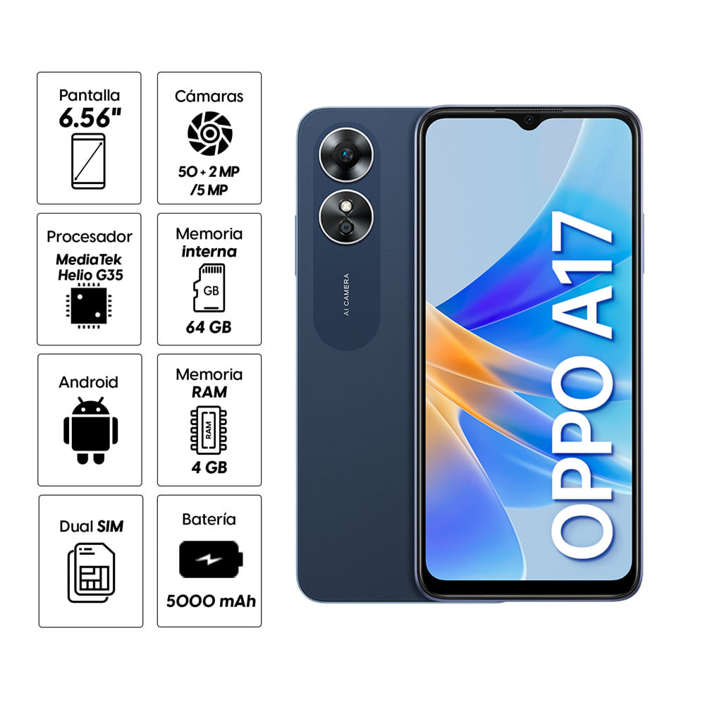 OPPO A17 - Smartphone Libre, 4GB+64GB, Cámara 50+3+5MP, Android