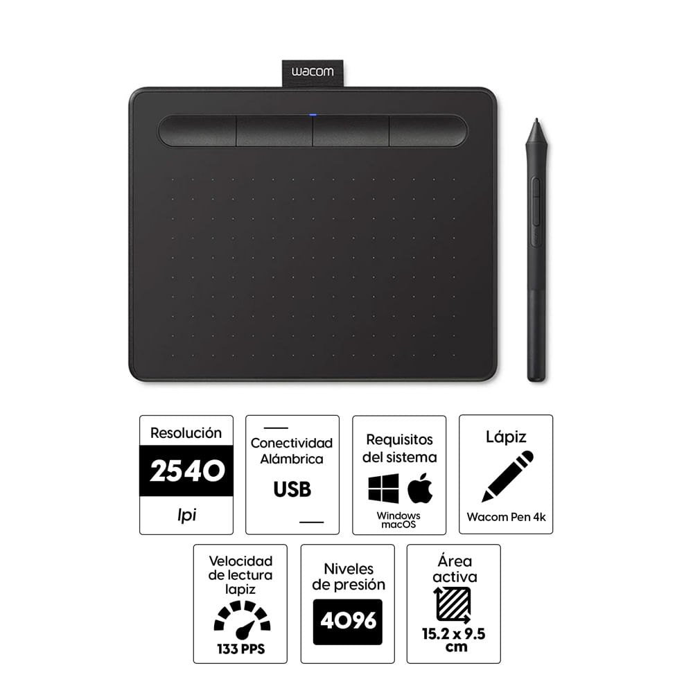 Tablet gráfica Wacom Intuos Small 7, lápiz Pen 4K, con 3 softwares  incluido, área activa 15.2 x 9.5 cm, conexión USB, negro - Coolbox