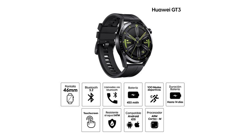 Smartwatch Huawei GT3 Active, gps, resistente al agua, máx. 14 días,  llamadas, +100 modos deportivos, 1.43, negro - Coolbox
