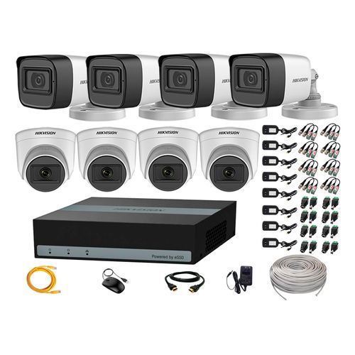 Kit de seguridad Hikvision 4 cámaras Domo 1080P (audio) + 4 cámaras Tubo 1080P (audio) + dvr + SSD 480GB + 160 m de cable cat. 5E