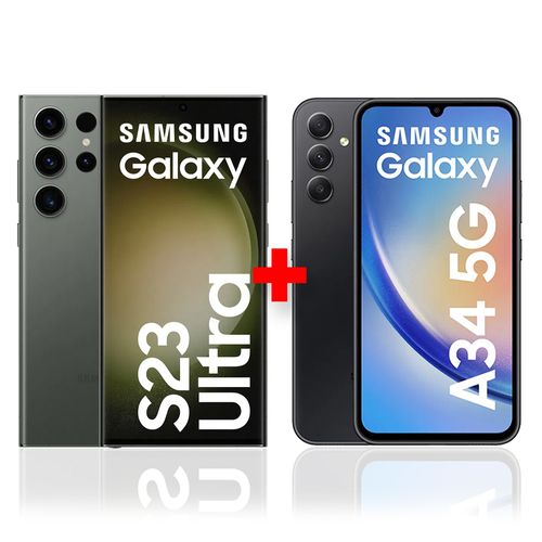 Celular Samsung Galaxy S23 Ultra 256GB, 8GB ram, verde + Samsung Galaxy A34 5G 128GB, 6GB ram, negro