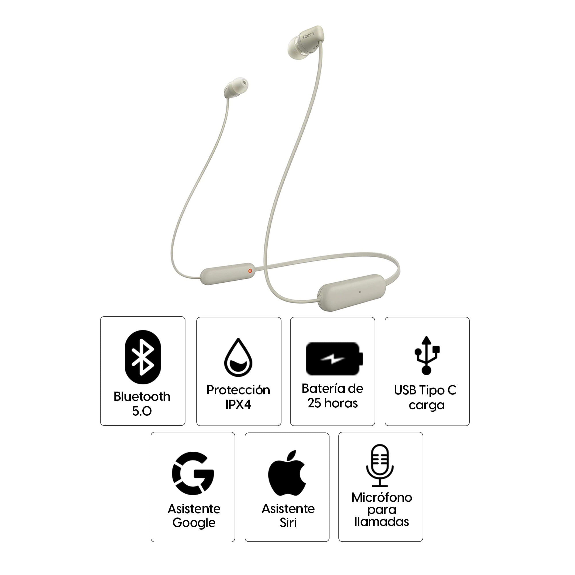 Auriculares inalámbricos  Sony WI-C100B, Micrófono, 25 horas de batería,  Asistentes de voz, Bluetooth, Negro