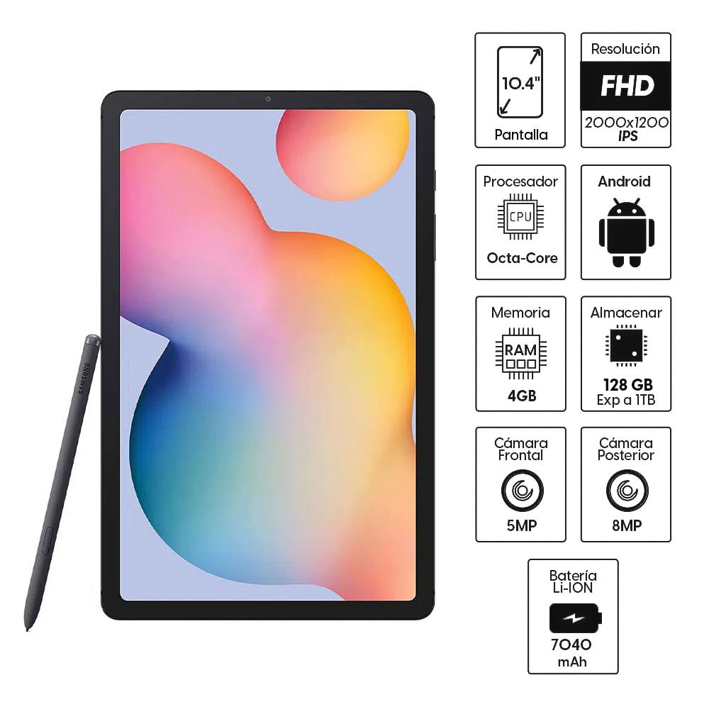 Tablet Samsung Tab S6 Lite 10.4 (2022) 128GB, 4GB ram, cámara principal  8MP, frontal 5MP, Octa-Core, 7040 mAh, gris - Coolbox