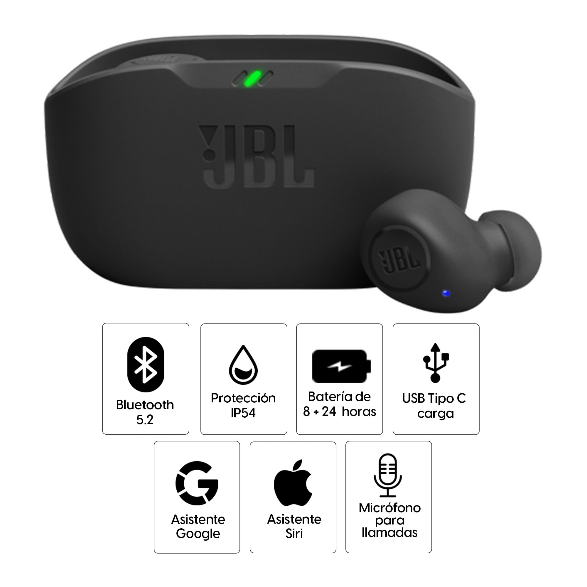Audífonos bluetooth True Wireless JBL Wave Buds resistente al agua IP54,  duración máx. 8 horas, control de música y llamadas, negro - Coolbox