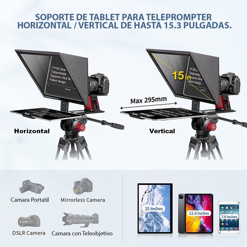 Teleprompter portátil con control remoto Bluetooth vista diagonal