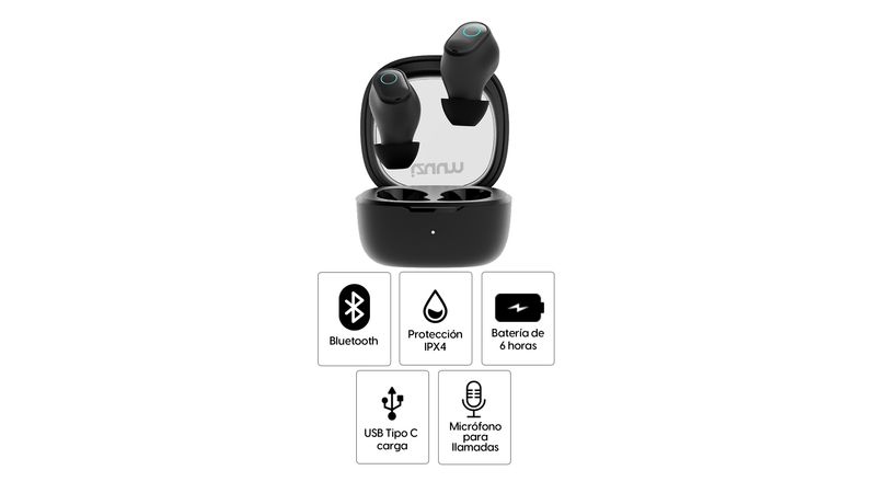 Audífonos bluetooth True Wireless Izuum ES09 resistente al agua IPX4,  duración máx. 6 horas, controles táctil, negro - Coolbox