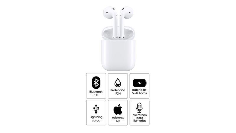 Aud fonos bluetooth True Wireless Apple Airpods 2da generaci n resistente al agua IPX4 duraci n m x. 5 horas controles t ctiles blanco