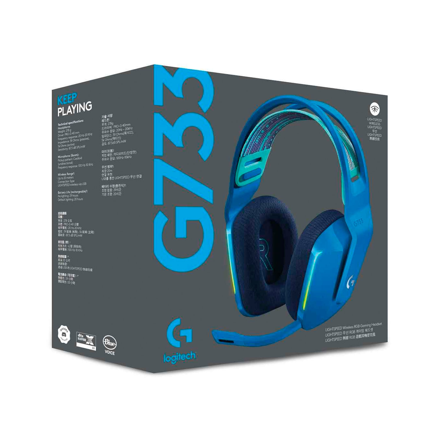 Audífonos gamer inalámbricos Logitech G733 Lightspeed, conexión usb, 39  ohm, sensibilidad 87.5 dB, RGB, PC y consolas, azul - Coolbox