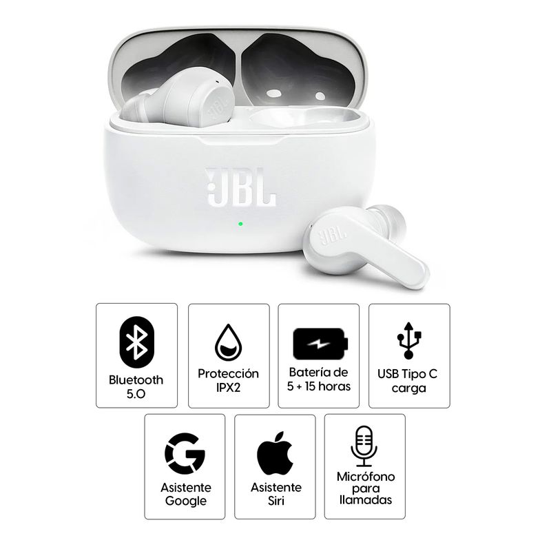 Audífonos JBL Vibe 200 true wireless IPX2 blanco, especificaciones