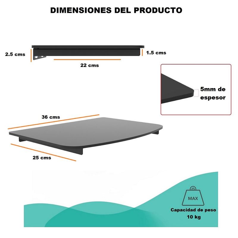 Repisa EXPO RACK ERVT-1 de vidrio templado negro dimensiones