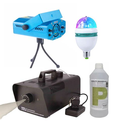 Kit de fiesta:  Máquina de humo + mini láser lluvia+  1L de líquido para máquina de humo + foco