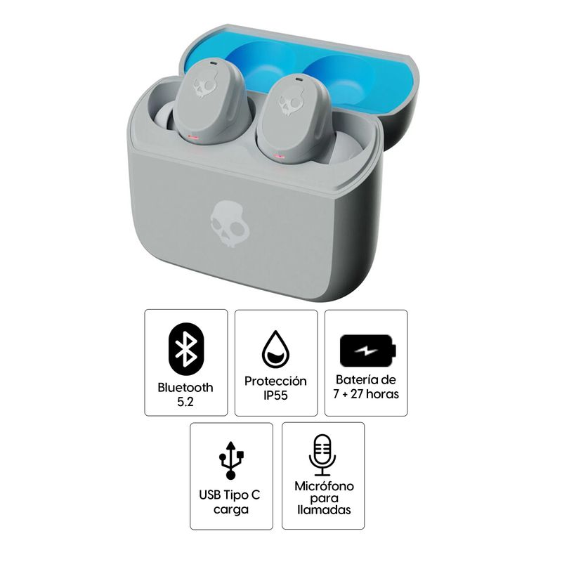 Audífonos Skullcandy Mod true wireless IP55 gris, especificaciones