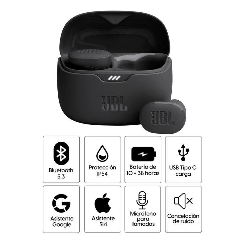 Audífonos JBL Tune Buds true wireless ANC IP54 negro, especificaciones